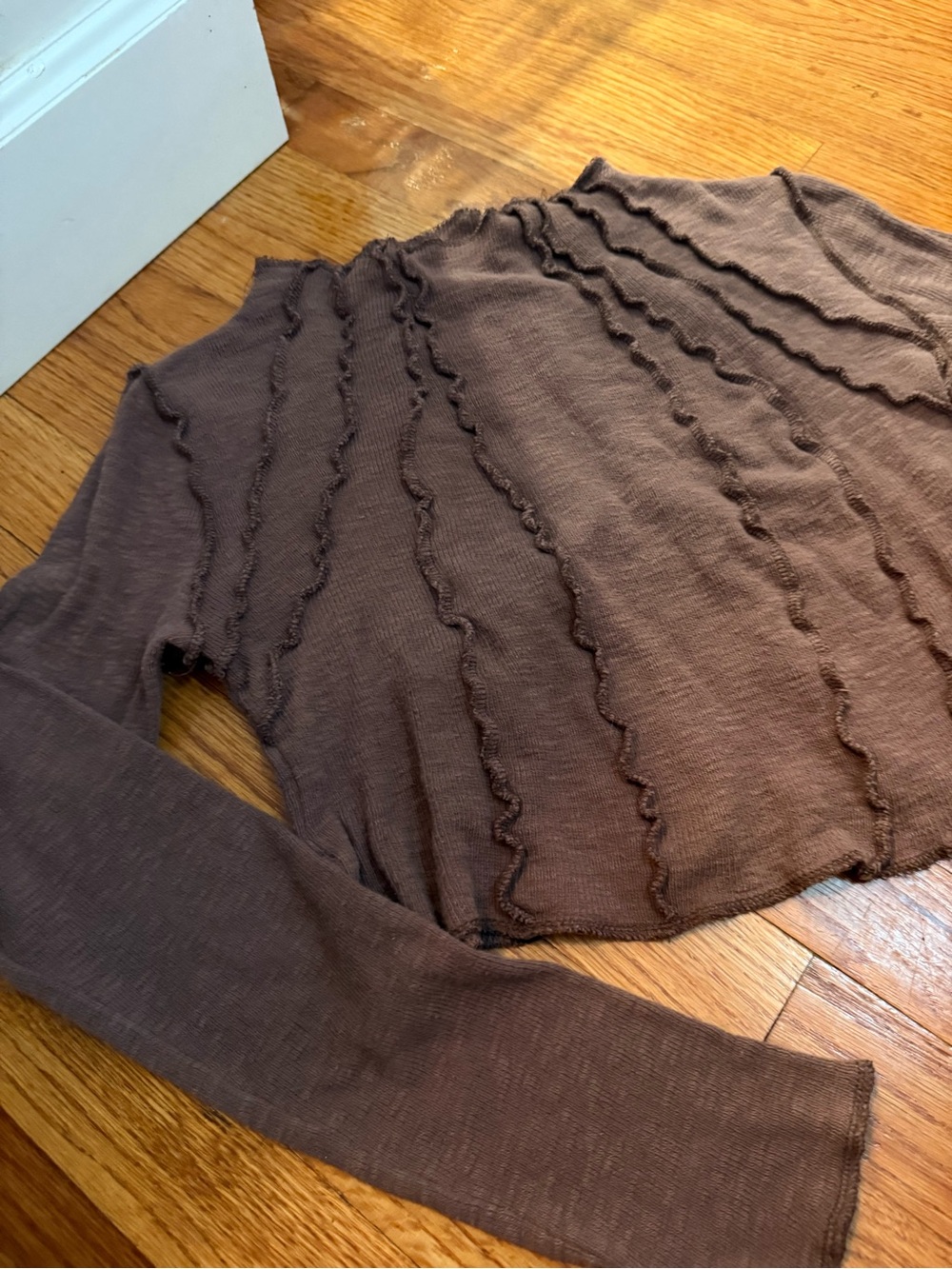 BDG Brown Ruffle-Trim Long Sleeve Crop Top